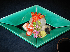 Springtime Kaiseki: Sashimi - Flounder Sashimi, Oil-blanched Prawns